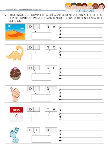 Complete palavras com vogais - DA, DE, DI, DO, DU