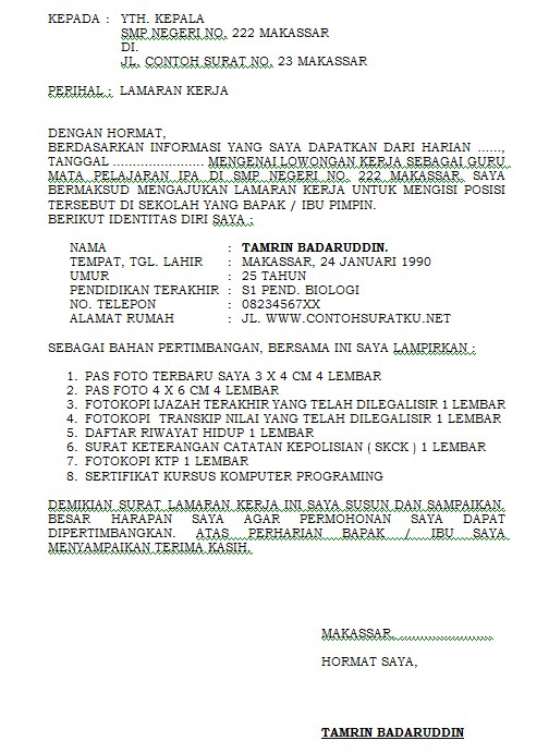 Contoh Surat Lamaran Kerja Sebagai Guru Terbaru Format MS 