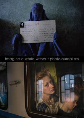 card announcing talk by Nina Berman and David Butow with image of an Afghan woman in a burqa and a Ukranian woman and child on train