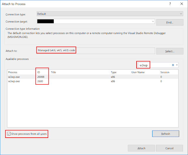 Attaching to IIS process in Visual Studio