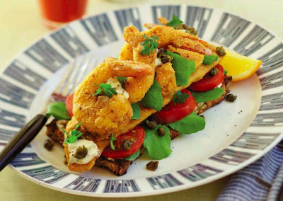 Crispy Cajun Fish and Prawn Open Sandwich with Remoulade and Fried Capers