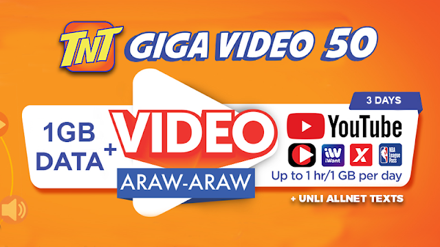 TNT Giga Video 50 : 1GB Data + 1GB Free YouTube Every Day + Unli All Net Texts for 3 Days