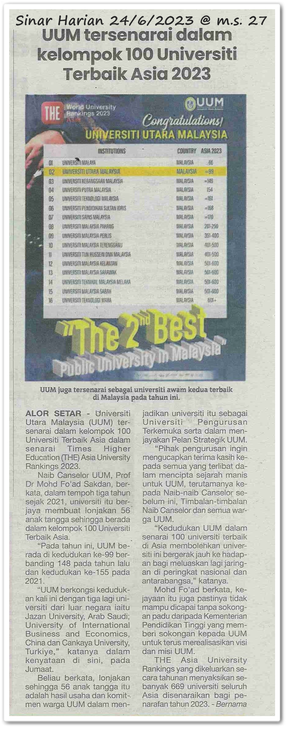 UUM tersenarai dalam kelompok 100 Universiti Terbaik Asia 2023 - Keratan akhbar Sinar Harian 24 Jun 2023