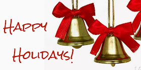 Happy Holidays! Illustration of bells with red ribbons