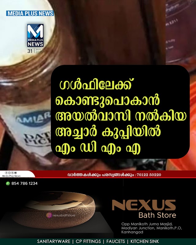  ഗൾഫിലേക്ക് കൊണ്ടുപൊകാൻ അയൽവാസി നൽകിയ അച്ചാർ കുപ്പിയിൽ എം ഡി എം എ