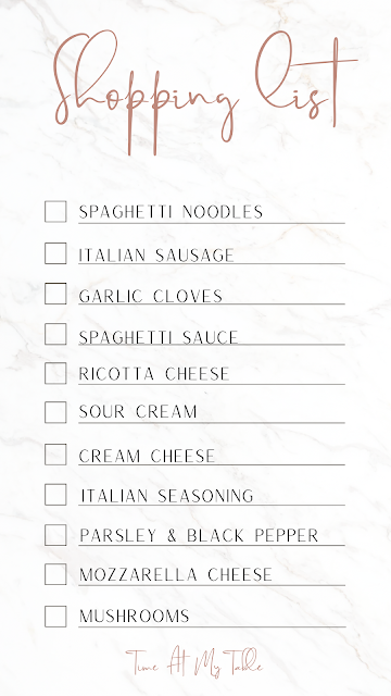 Grocery list of ingredients for spaghetti