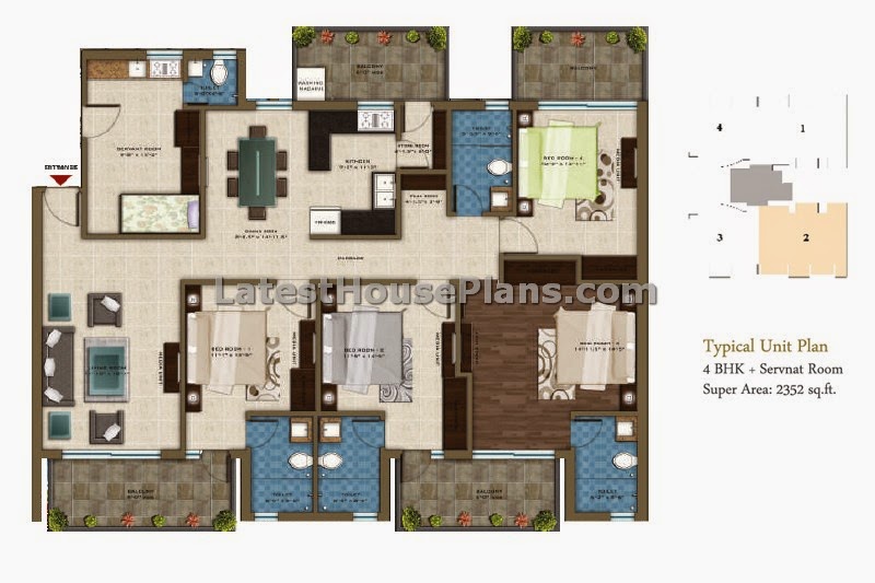 2300 sqft 4 BHK apartment house plan with separate servant ...