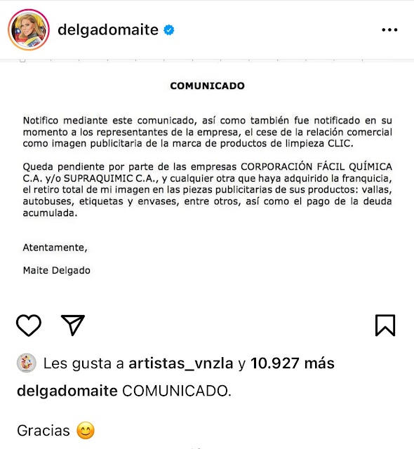 Empresa CLIC le quedó debiendo un realero a Maite Delgado y ella se despide de su contrato