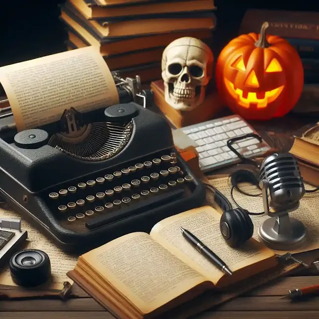 Uma imagem de uma máquina de escrever e um livro aberto ao lado, e um teclado e um podcast no fundo, com um crânio ou uma abóbora de halloween ao lado