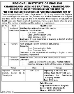 Walk in Interview Recruitment for Assistant Coordinator, Trainer, Material Facilitators for Regional Institute of English Chandigarh