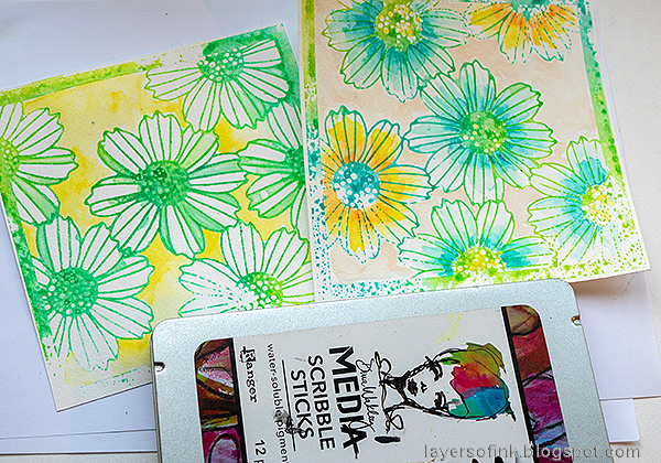 Layers of ink - Misted Flowers Art Journal Tutorial by Anna-Karin Evaldsson. Color with scribble sticks.