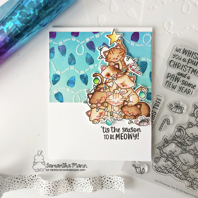 Cat Christmas Card by Samantha Mann | Cat Christmas Tree Stamp Set and Light Strings Stencil by Newton's Nook Designs