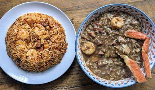 Jambalaya and gumbo shown from above