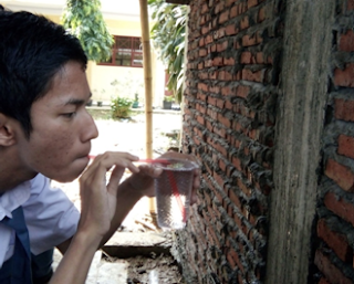 Meniup sedotan dengan kuat dan mengamati perubahan yang terjadi.