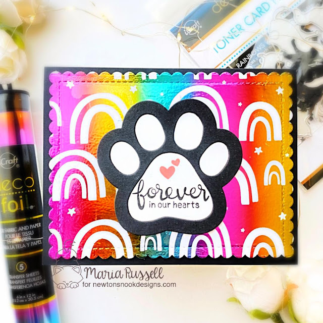 Newton's Nook Designs & Therm O Web Inspiration Week | Foiled Pet Sympathy Card by Maria Russell | Pawprint Shaker Die Set, Frames & Flags Die Set and Furrever Friends Stamp Set by Newton's Nook Design with toner sheets and deco foil by Therm O Web #newtonsnook #handmade