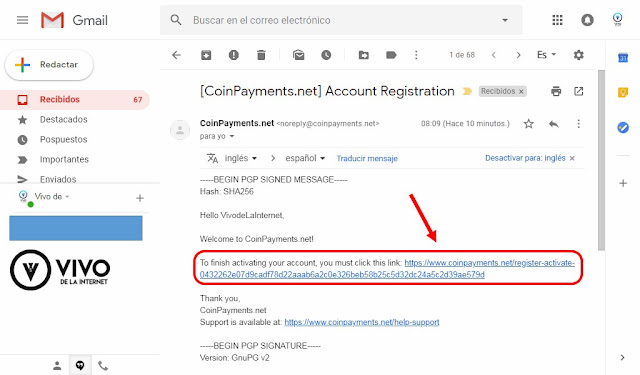 Activar cuenta CoinPayments en el correo.