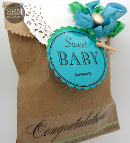 SRM Stickers - Sweet Baby Gift Bag by Annette - #srmstickers #kraft #bag #doilies #stickers #embossed