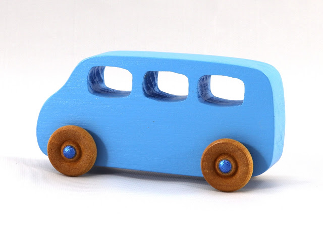 Wood Toy Minivan, Handmade and Finished with Baby Blue and Metallic Blue Acrylic Paint and Amber Shellac, Play Pal Series