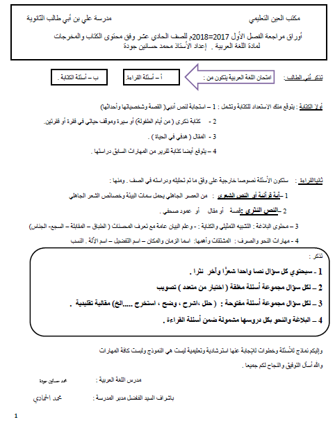 أوراق عمل (قواعد نحوية -بلاغية -إملائية -نموذج امتحان)