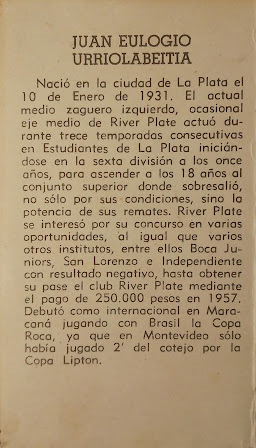 Biografía de Juan Eulogio Urriolabeitia, jugador de River Plate. Año 1957.