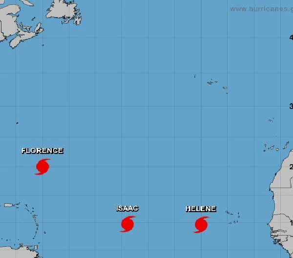 Los huracanes activos en el Atlántico son tres: Huracán Florence, huracán Helene y huracán Isaac