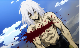 Shigaraki standing, a massive cut forming from his left armpit across his chest to his other arm, a huge amount of blood gushing out.