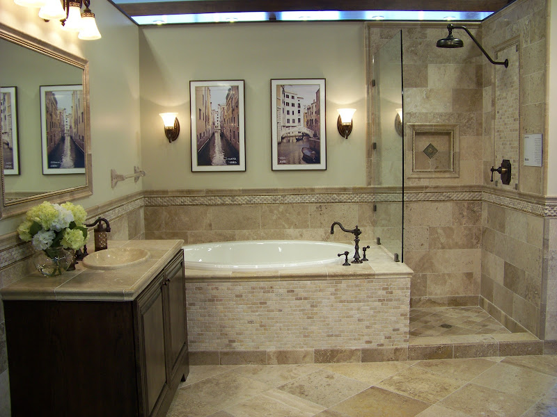  of travertine tiles gives this bathroom an earthy natural look title=