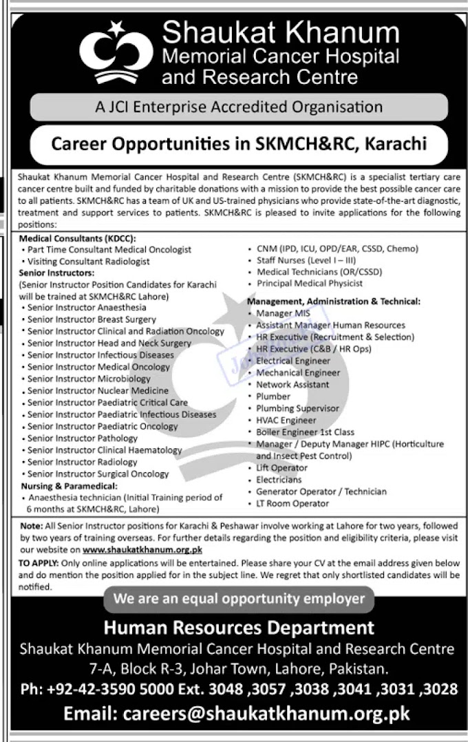 Shaukat Khanum Memorial Cancer Hospital Situation vacant 2023 Current Opportunities
