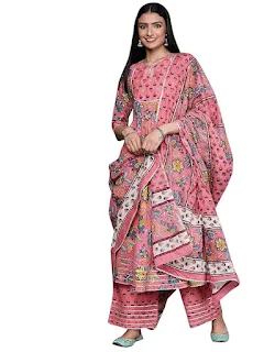 Libas Women's Cotton Printed Kurta Set with Palazzo & Dupatta | Elegant Festive Ethnic Wear for Women