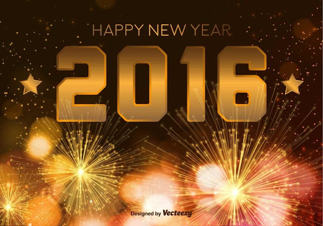   Happy New Year 2016 image with golden firework background and 2 stars