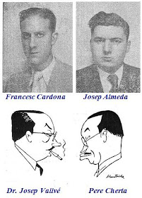 Fotos de los ajedrecistas Francesc Cardona y Josep Almeda y caricaturas del Dr. Josep Vallvé y Pere Cherta