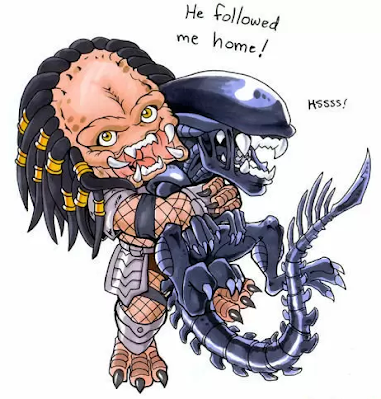 Kurzer Komikspass mit einem jungen Predator, dem ein Alien nachgelaufen ist.