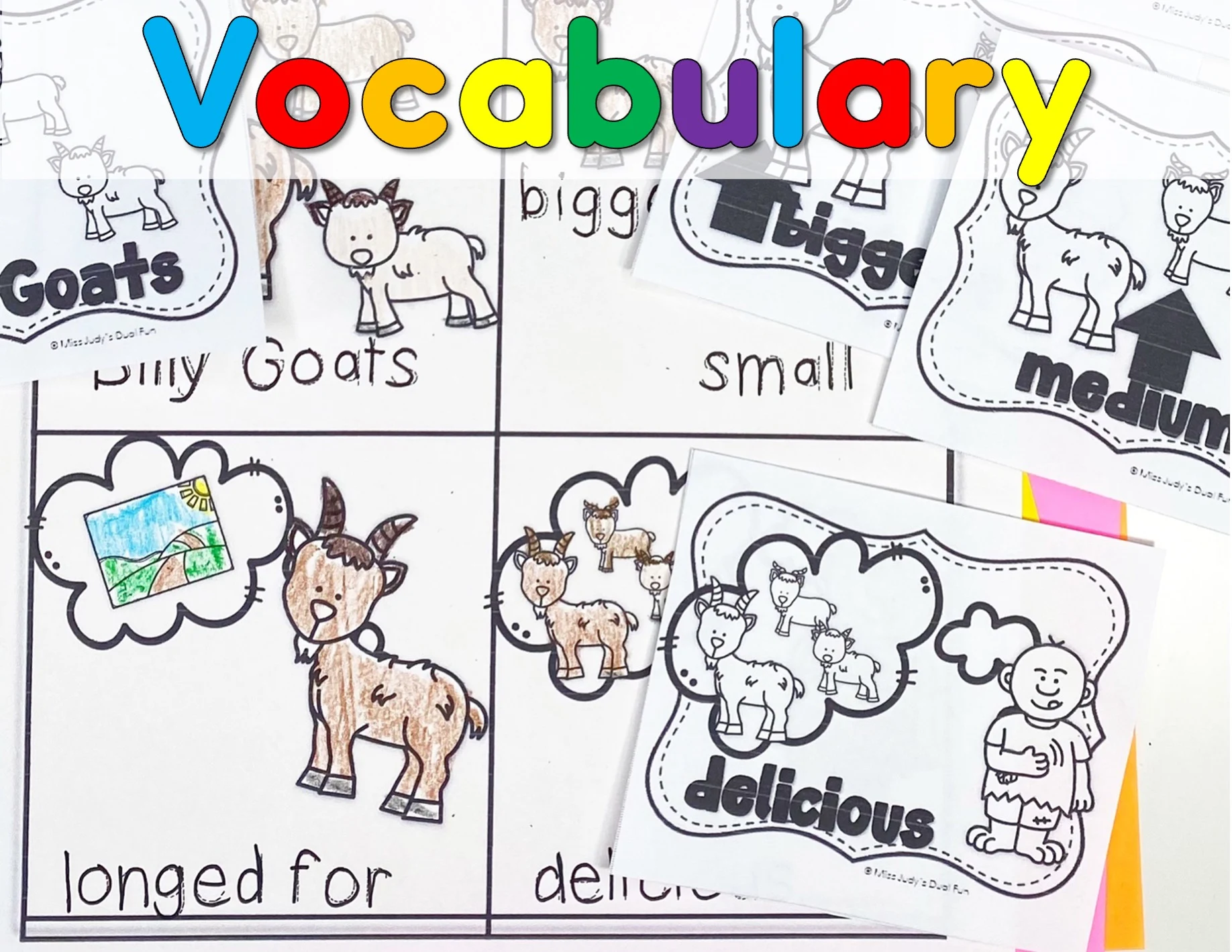 Image of a worksheet and vocabulary cards to expand vocabulary for the Three Billy Goats Gruff.