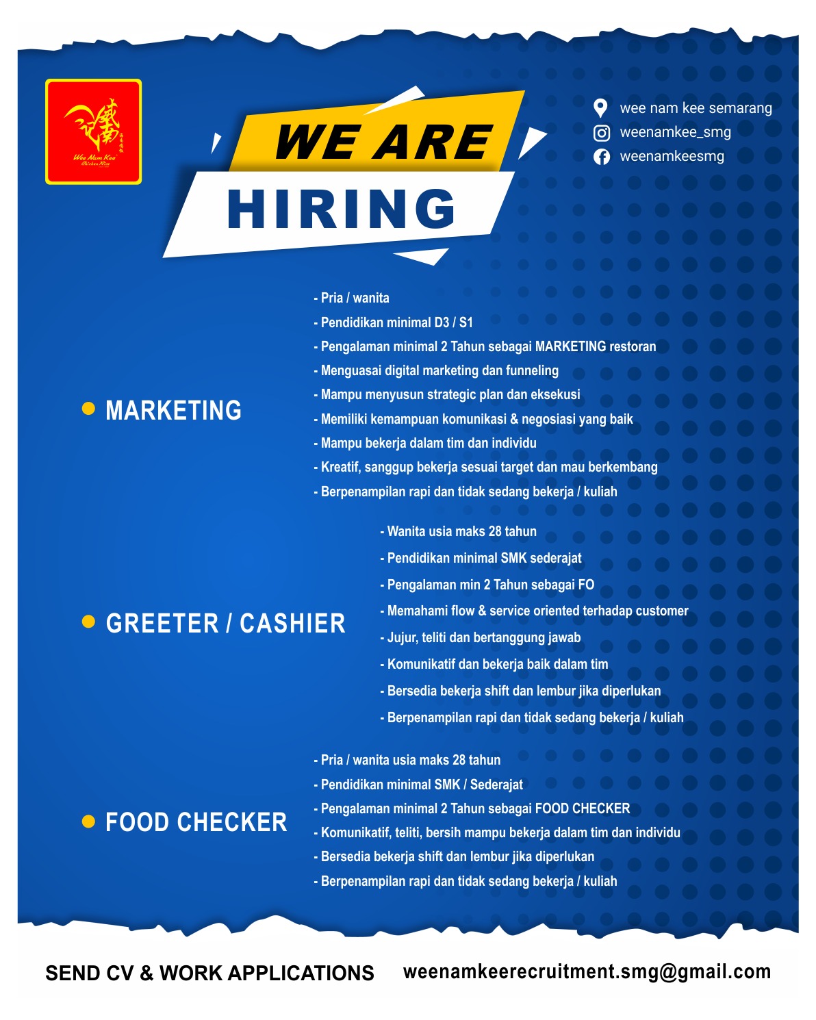 Loker Semarang Terbaru di Resto Wee Nam Kee