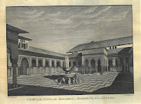 an engraving of the Court of the Lions in the Alhambra in Granada.