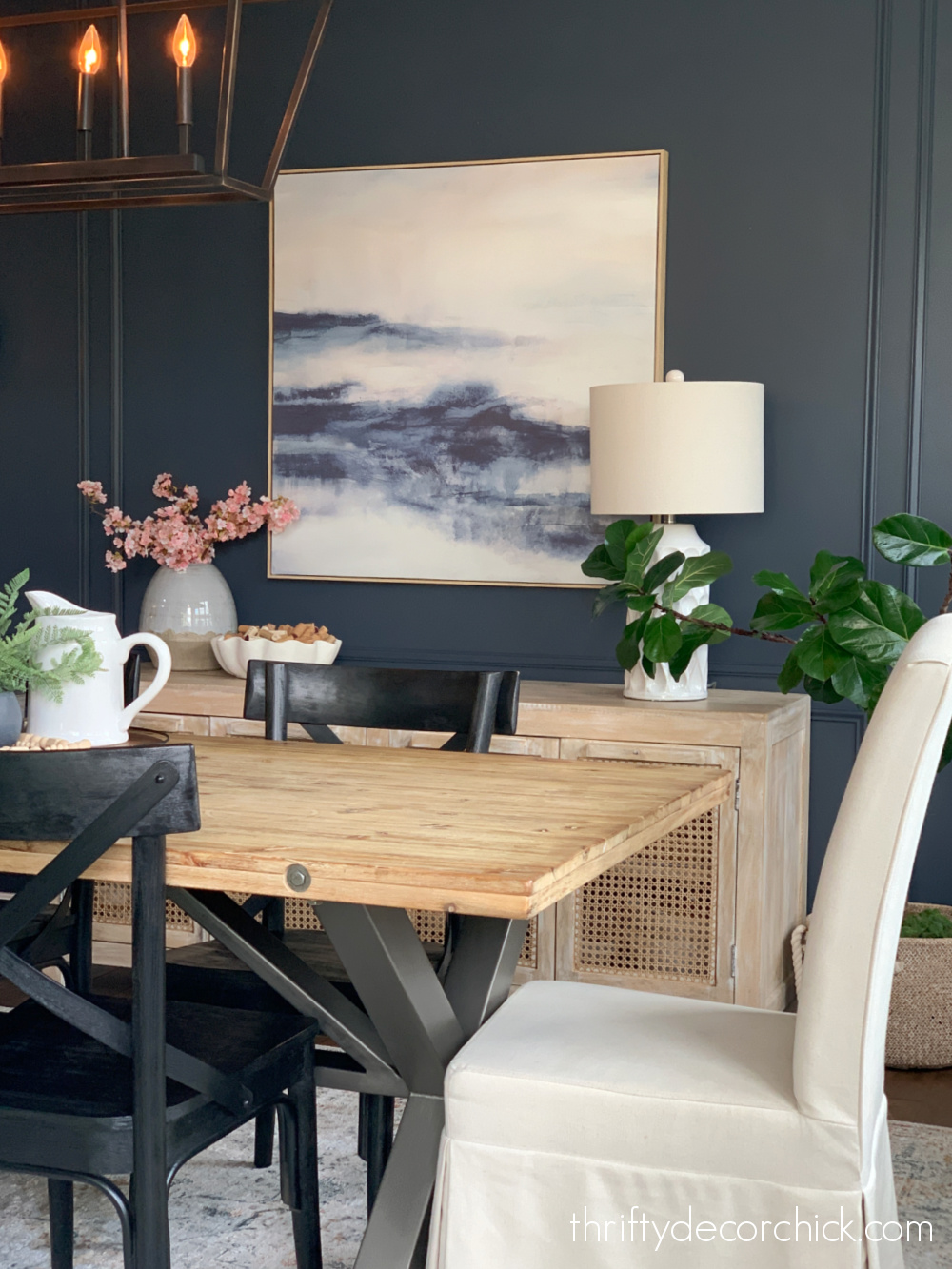 dark blue walls light wood furniture