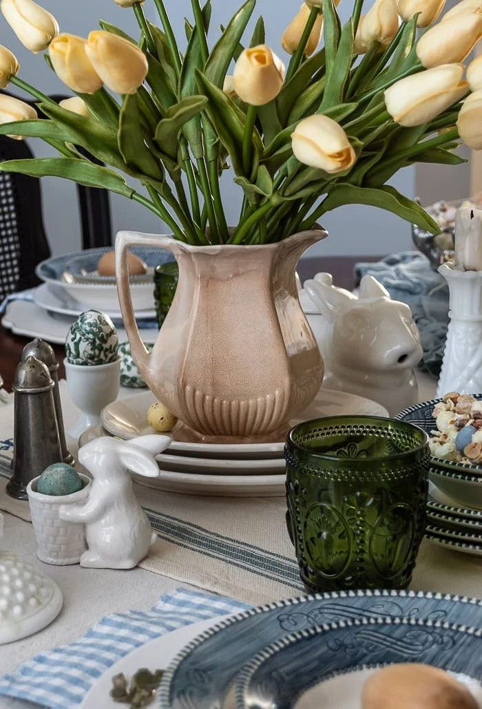 antique ironstone pitcher, tulips, eggs, bunnies