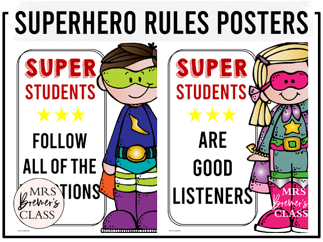 Superhero themed class rules posters set with charts to remind students about the classroom rules and behavior expectations in Kindergarten, First Grade, and Second Grade