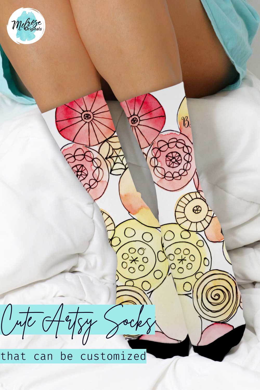 abstract watercolor and doodle art on custom socks