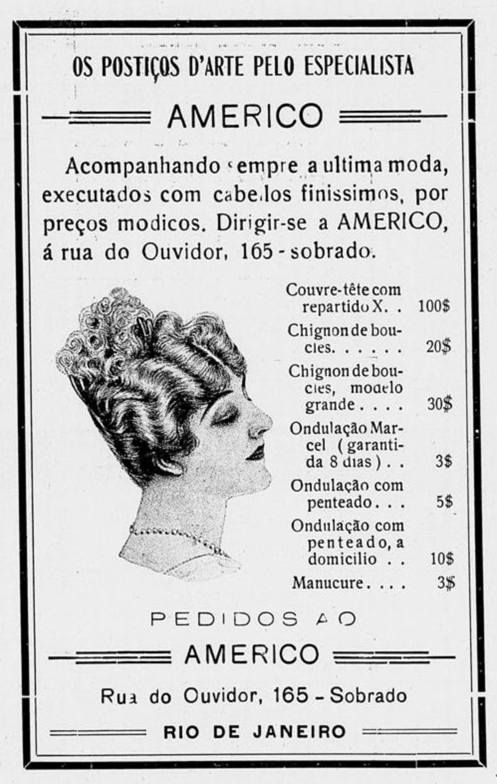 Anúncio de 1917 com ofertas de cabelos postiços em loja situada na cidade do Rio de Janeiro