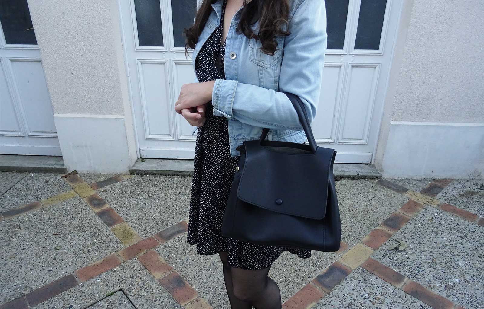 Look robe noire pois veste jeans