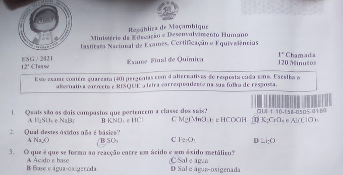 2021 - RESOLUÇÃO DO EXAME FINAL DE QUÍMICA DA 12a CLASSE – 1a CHAMADA - 2021 PARTE 1