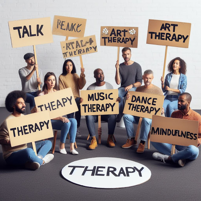 Group of people  holding charts of different therapy names