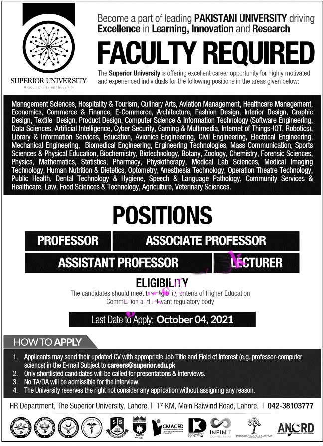 Apply Online- Superior University Lahore Latest Jobs 2021