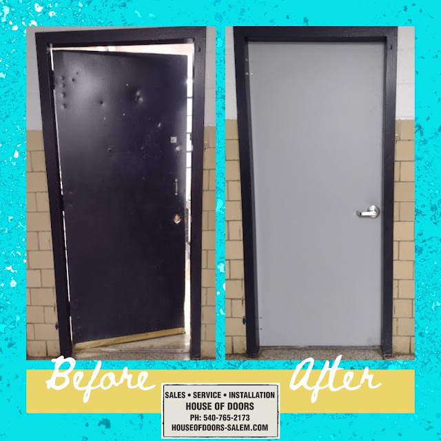 Before and After commercial steel door replacement at Northwood High School in Saltville, VA