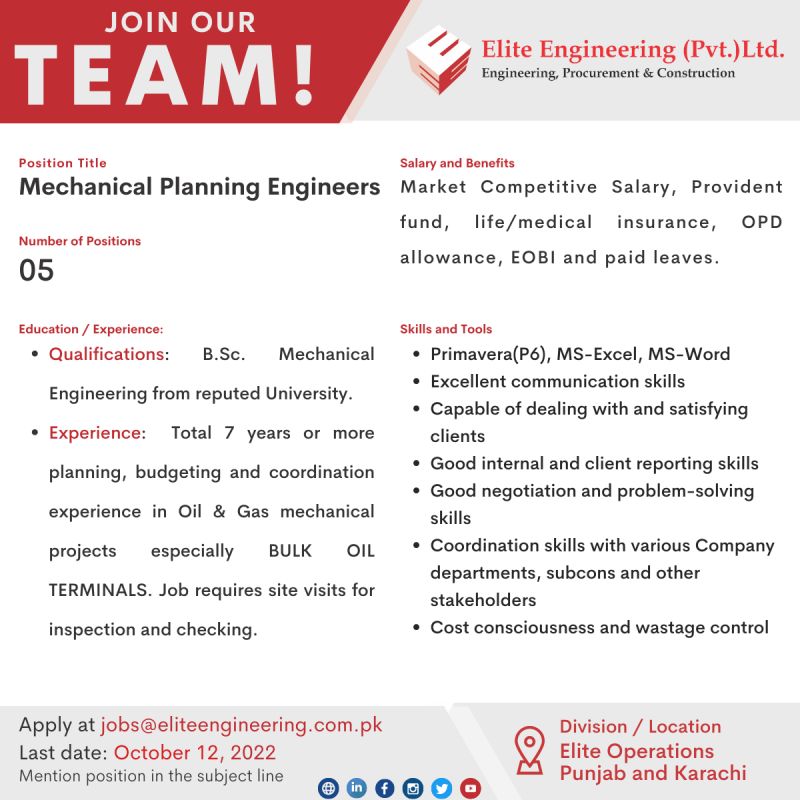 Elite Engineering Pvt Ltd Jobs For Mechanical Planning Engineers