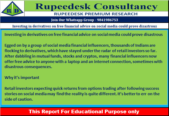 Investing in derivatives on free financial advice on social media could prove disastrous - Rupeedesk Reports - 18.11.2022