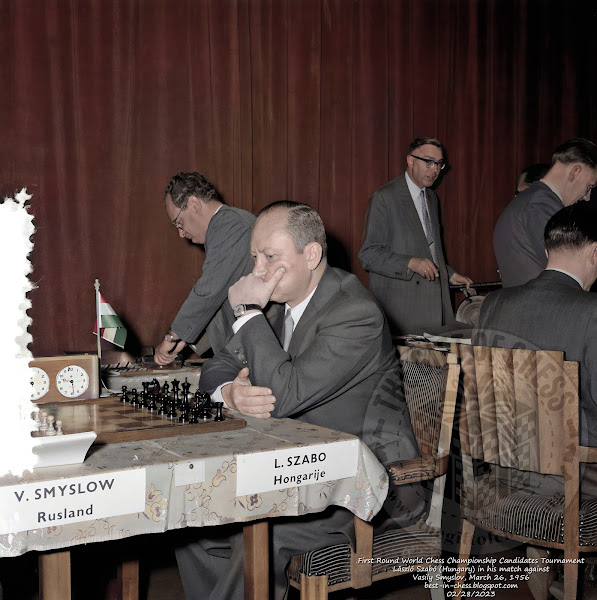 First Round World Chess Championship Candidates Tournament. László Szabó (Hungary) in his match against Vasily Smyslov, March 26, 1956 in the Aula Vossiusgymnasium in Amsterdam.