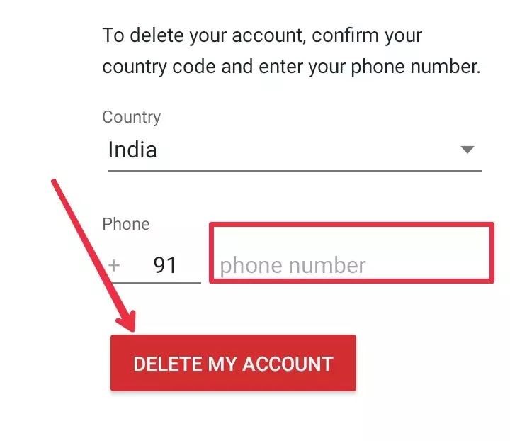 Phone number type and delete my account