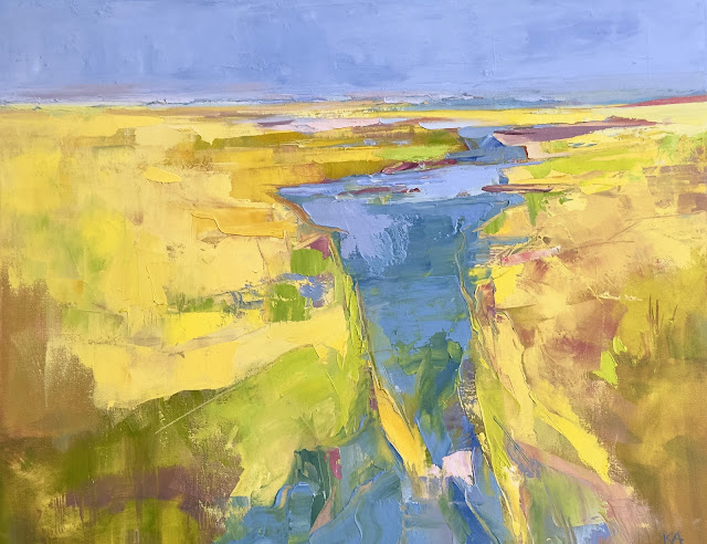 Abstract landscape painting in cold wax and oil by Karri Allrich, yellows and sky blues with water.